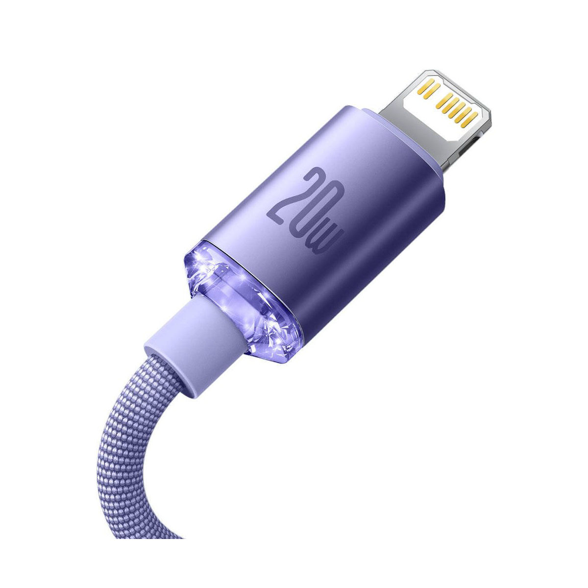 Kabel ładujący z fioletowym złączem i oznaczeniem 20W na białym tle.