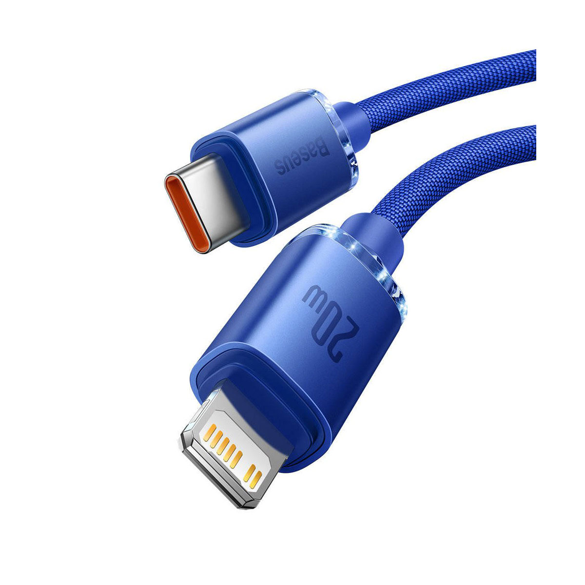 Niebieski kabel ładujący USB-C do Lightning. Marka Baseus. Białe tło.