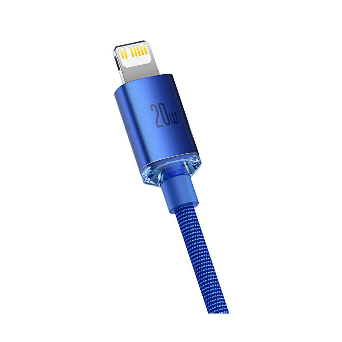 Niebieski kabel Lightning, marki Baseus, na białym tle.