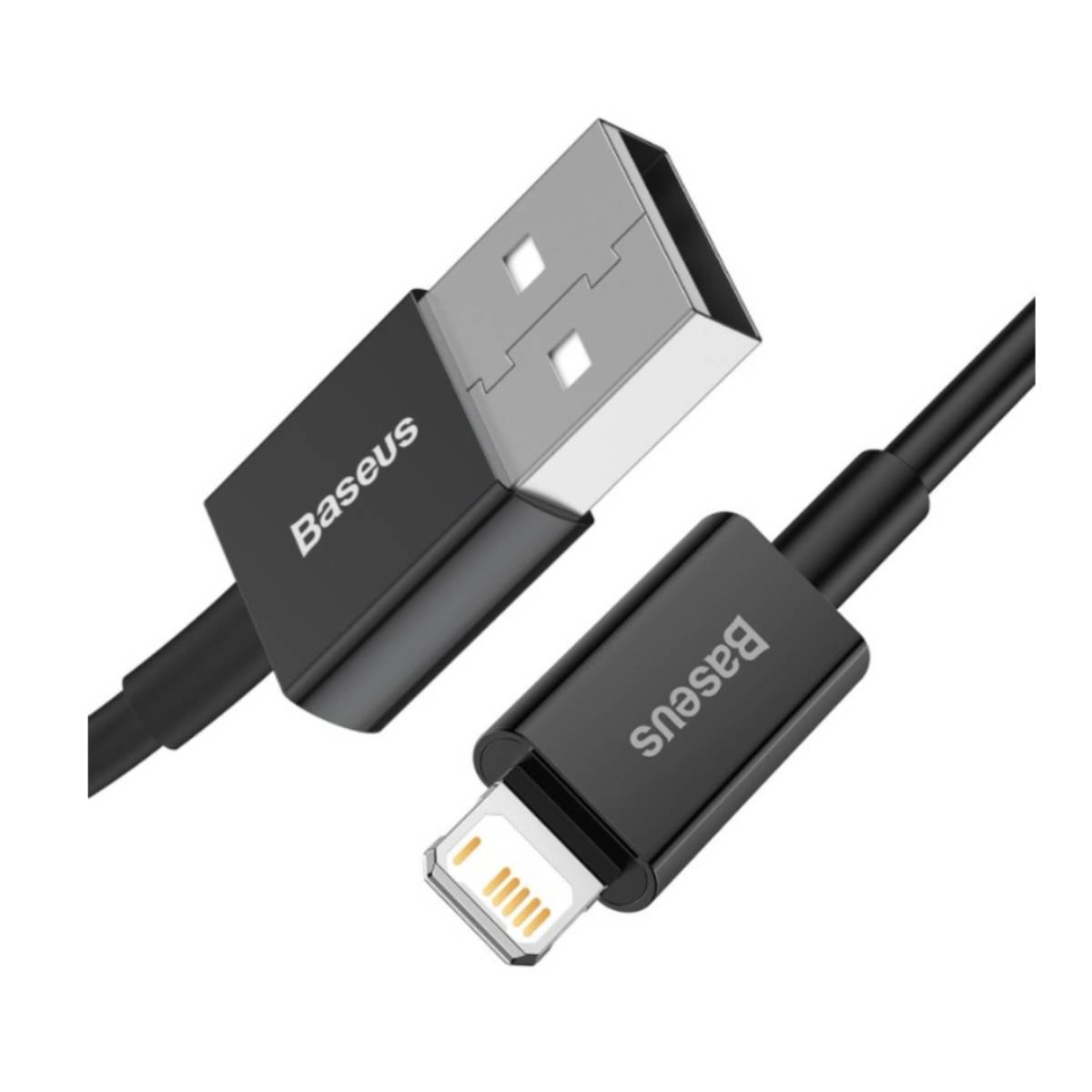 Czarny kabel Baseus: złącze USB do Lightning, na białym tle.
