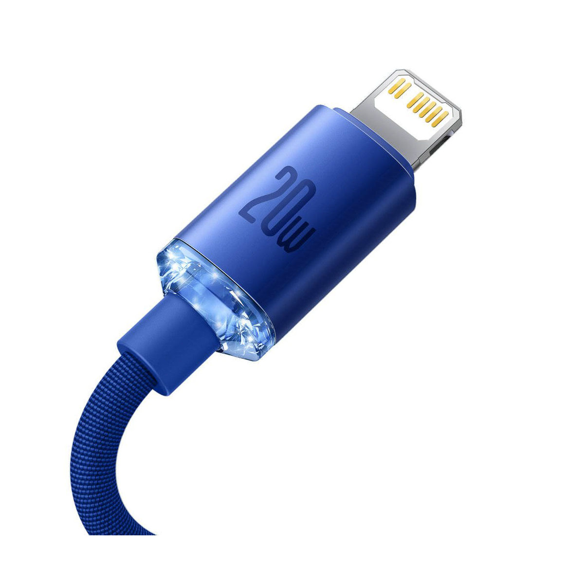 Niebieski kabel Lightning z oznaczeniem 20W. Białe tło.