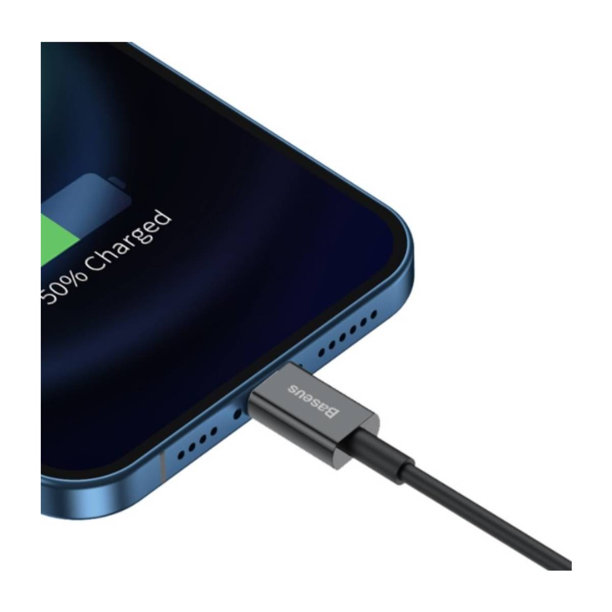 Ładowanie smartfona czarnym kablem. Telefon pokazuje 50% naładowania. Złącze Baseus.