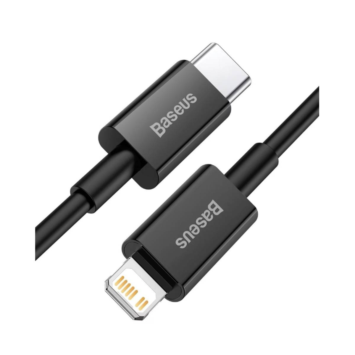 Câble Baseus noir avec connecteurs Lightning et USB-C. Fond blanc.