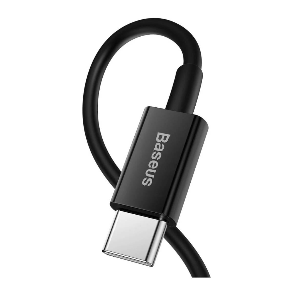 Câble USB-C Baseus noir. Le connecteur USB-C est montré en gros plan. Fond blanc.