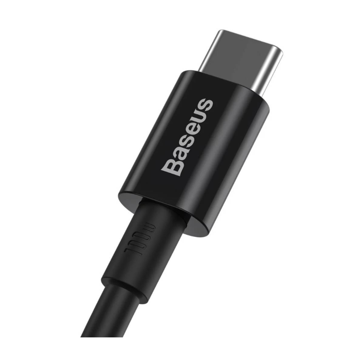 Cavo USB-C Baseus nero, primo piano. Il cavo ha un connettore USB-C.