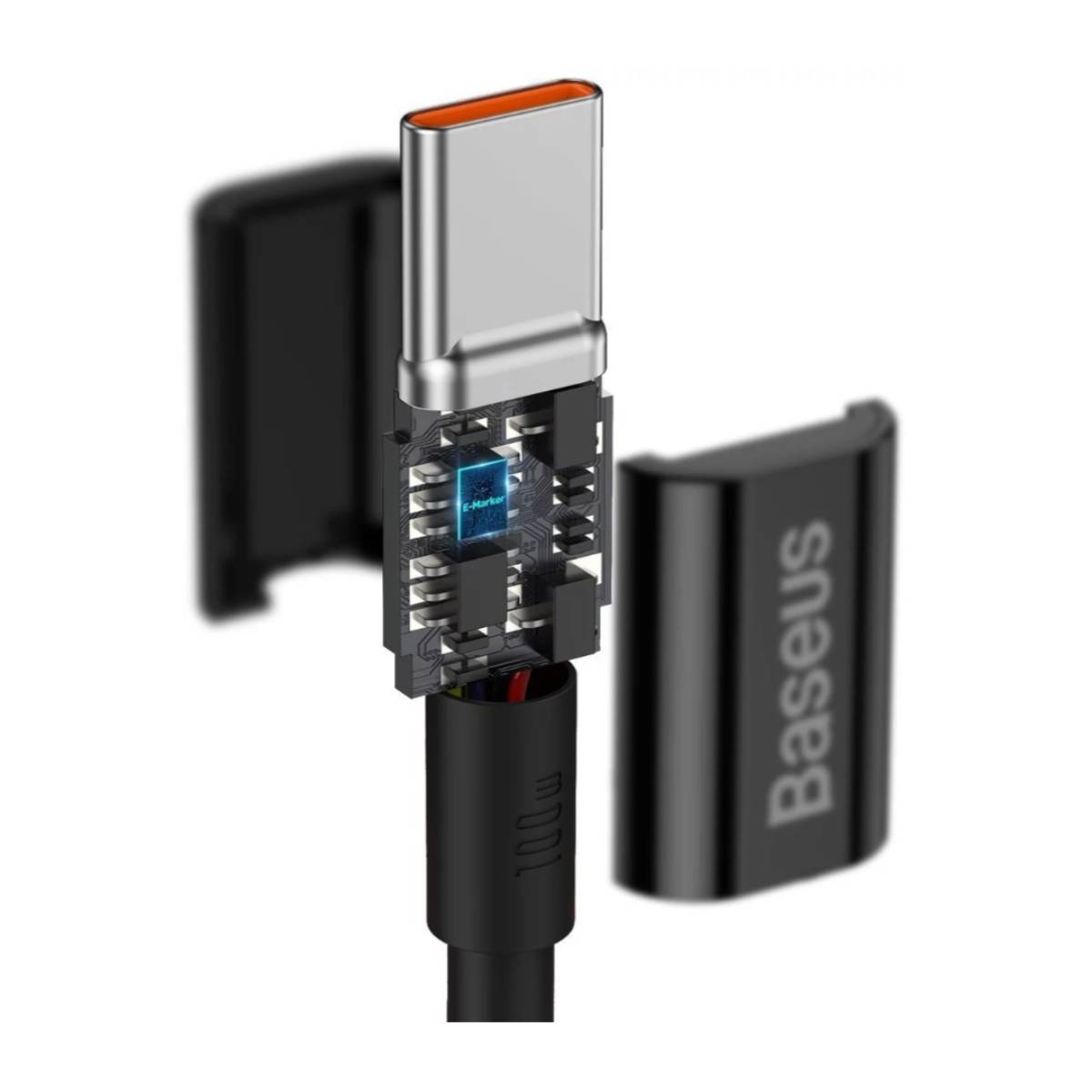Cavo USB-C Baseus, sezione che mostra i componenti interni. Cavo nero, sfondo bianco.