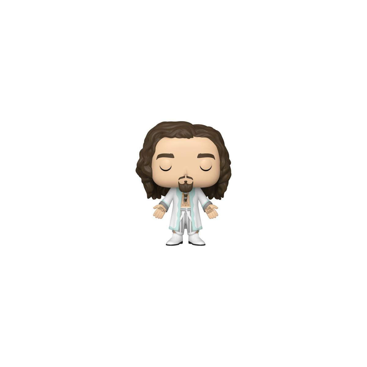 Una figura Funko Pop di Klaus di The Umbrella Academy. Ha un abito bianco e gli occhi chiusi.