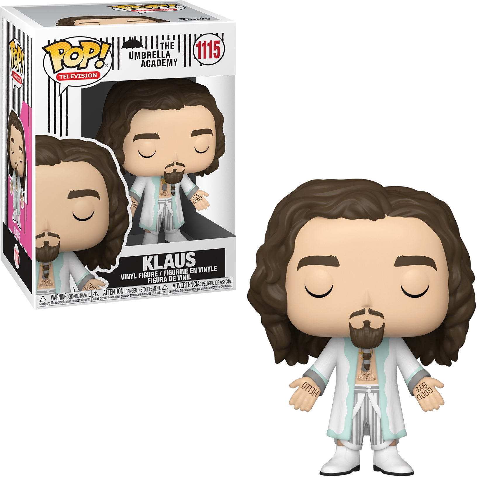 Figura Funko Pop di Klaus di The Umbrella Academy, nella sua scatola e da solo.