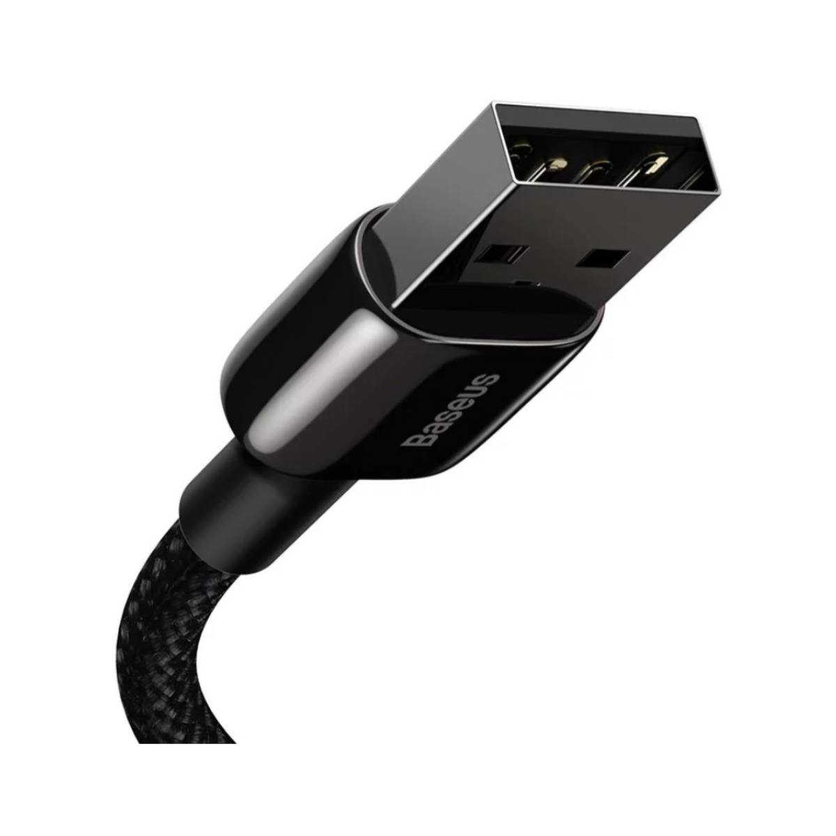 Czarny kabel USB z czarnym złączem. Nazwa marki Baseus jest napisana na złączu.