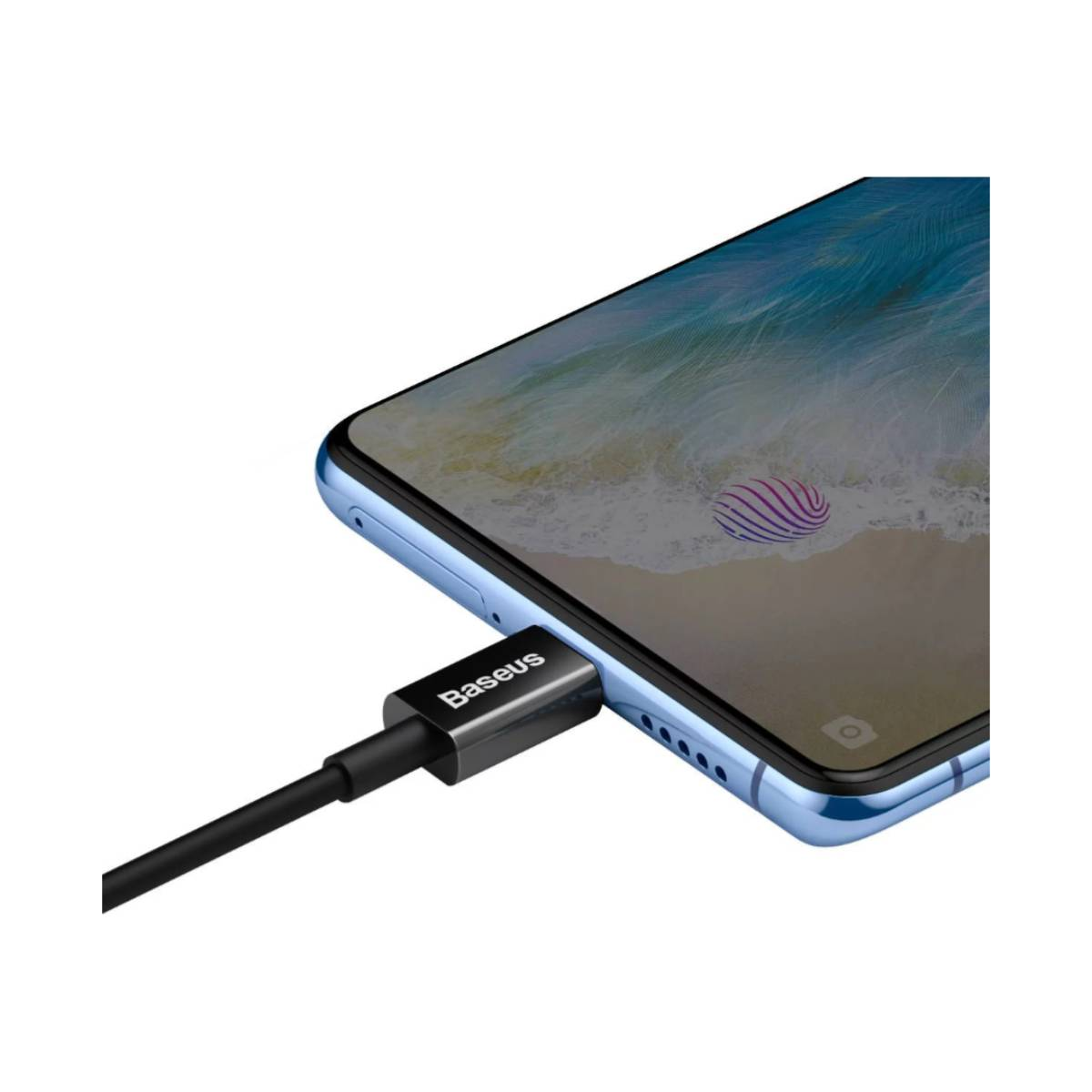 Telefono collegato con cavo Baseus, impronta digitale visibile.