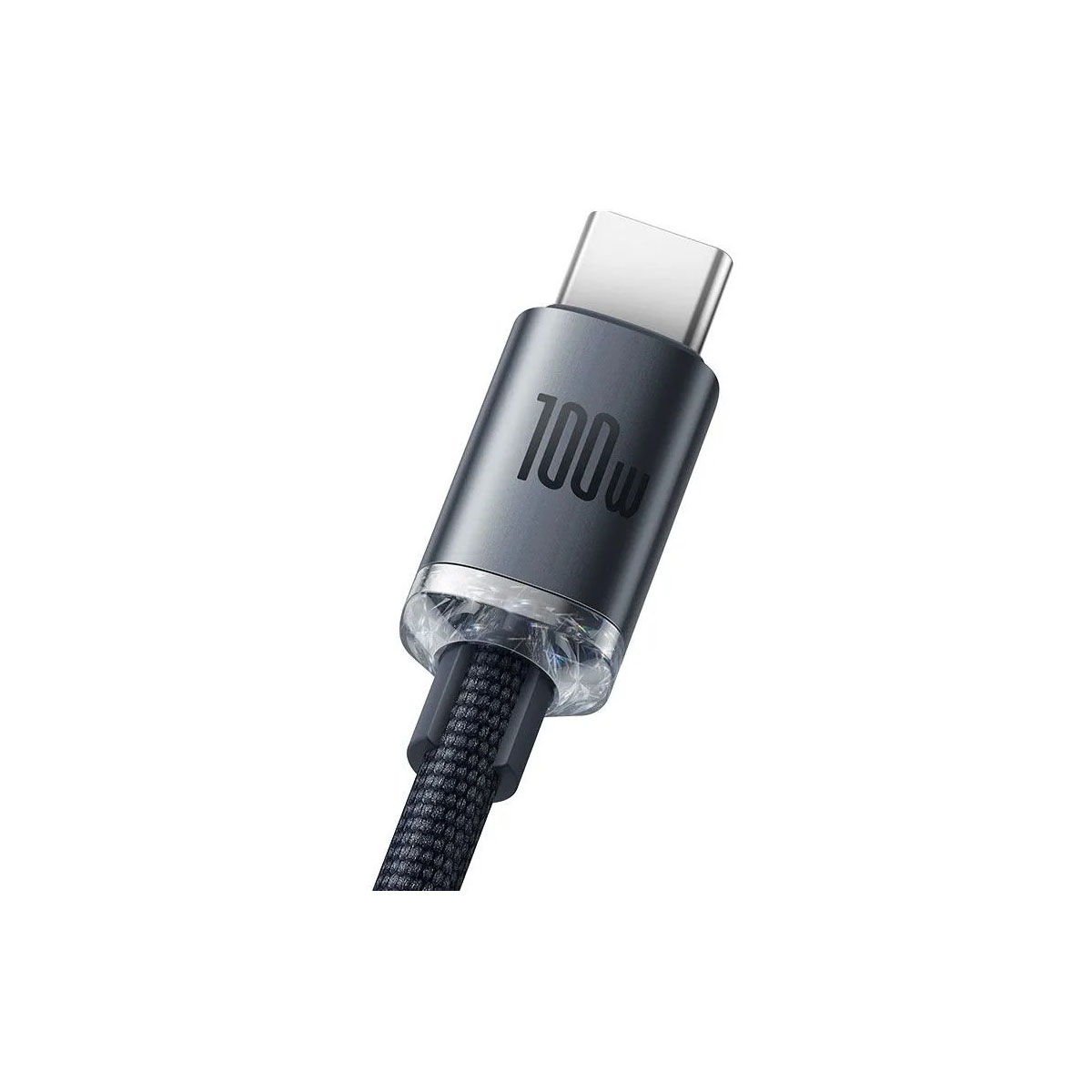 Szary kabel USB-C z etykietą 100 W, z czarnym kablem.