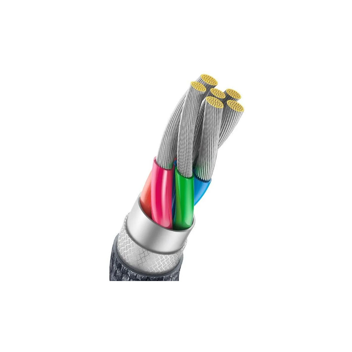 Przecięty kabel pokazujący kolorowe przewody. Białe tło.