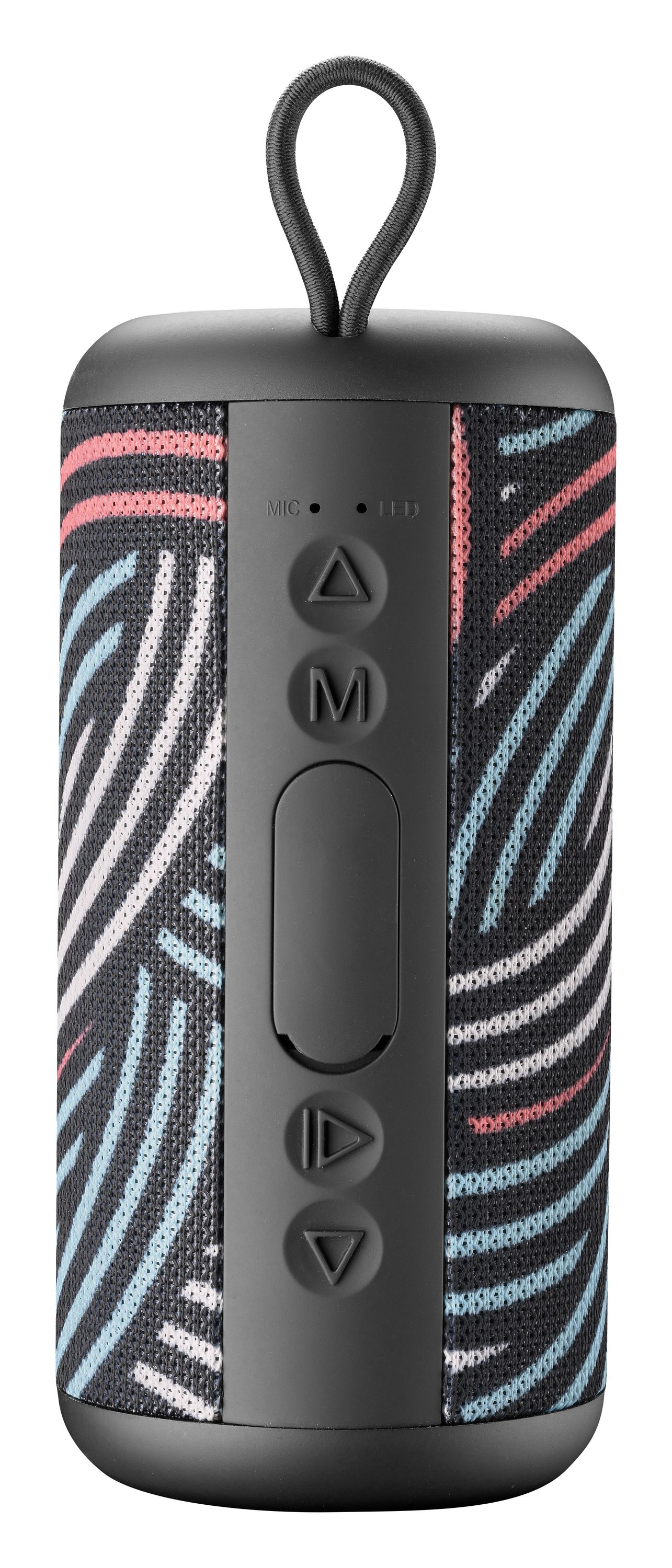 Czarny głośnik przenośny z kolorowym designem, widoczne przyciski, białe tło.