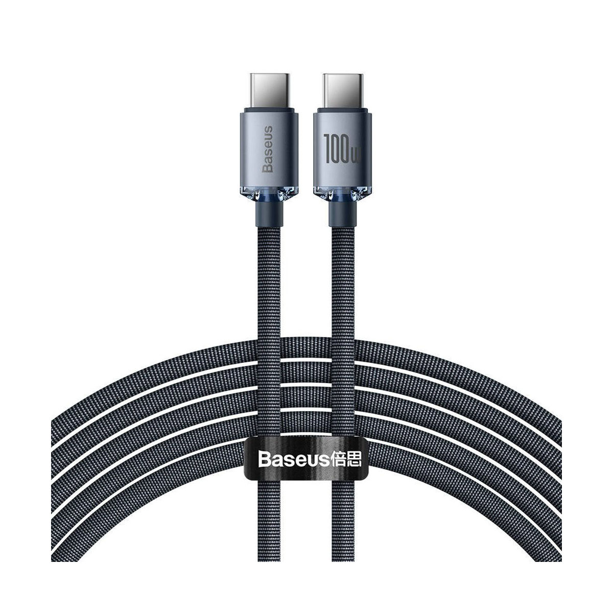 Oplaadkabel met grijs en zwart gevlochten kabel, met Baseus-logo. Connectoren aan beide uiteinden.