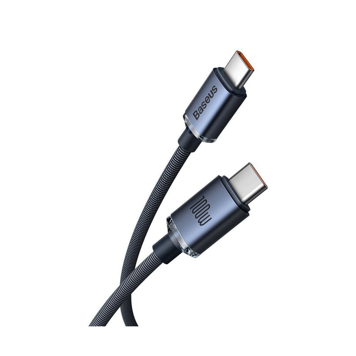 Twee Baseus USB-C kabels, zwarte gevlochten kabel. USB-C connectoren aan beide uiteinden. Witte achtergrond.