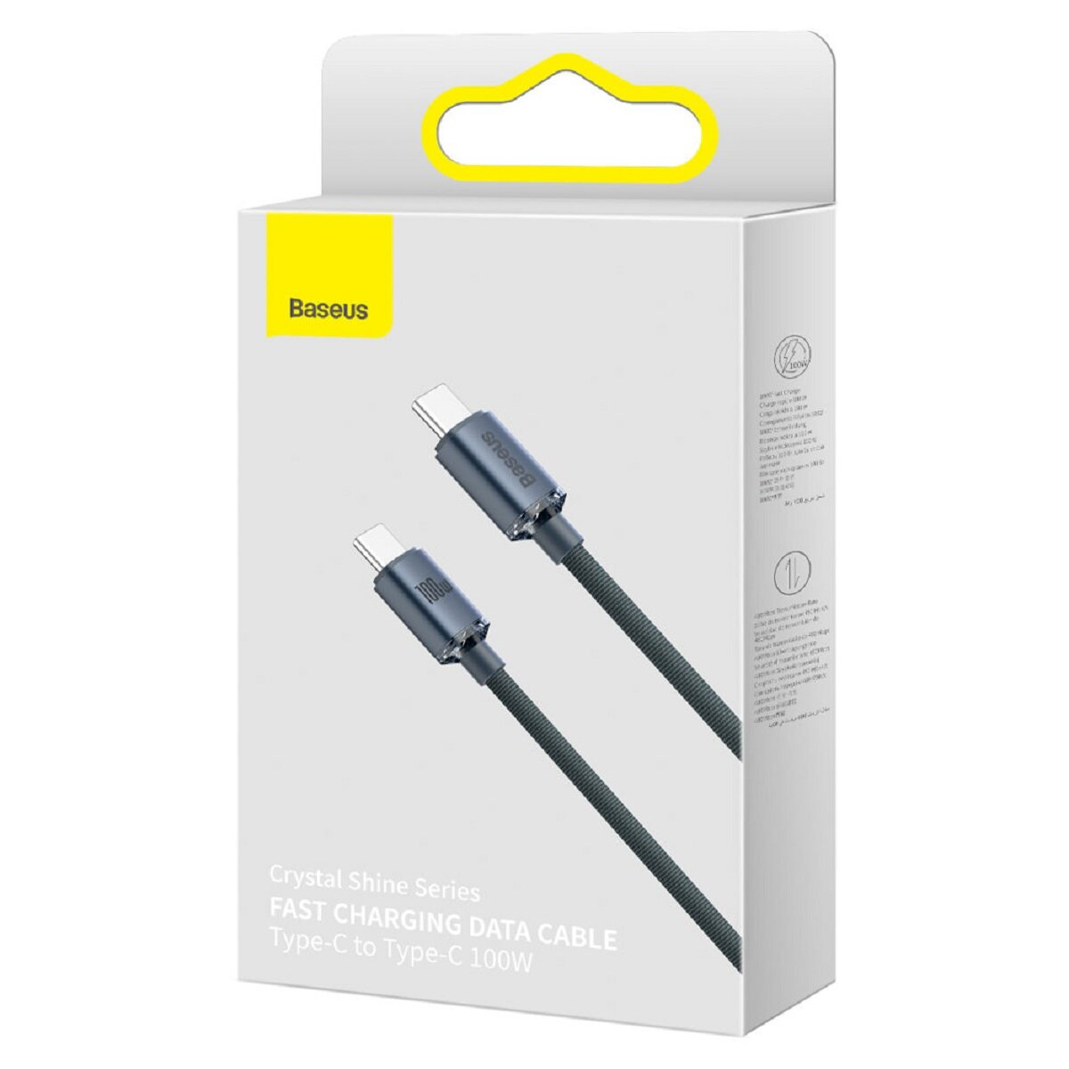 Witte en gele Baseus doos voor een USB-C naar USB-C kabel. Tekst: Fast Charging Data Cable.