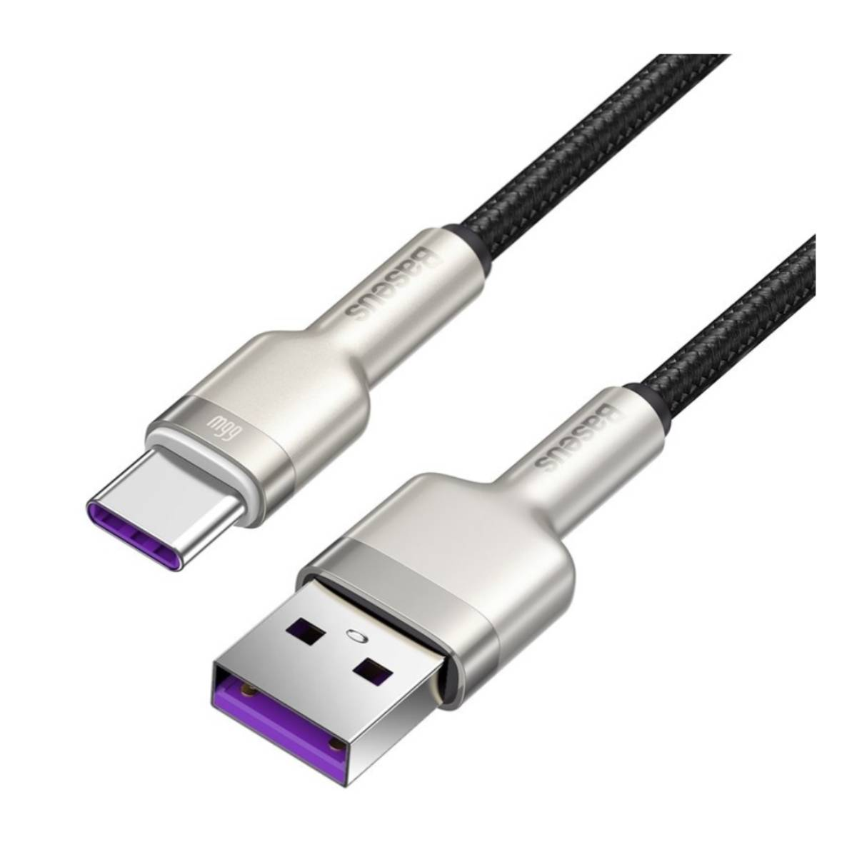 Câble de charge argenté et noir avec connecteurs USB-C et USB. Le logo Baseus est visible.