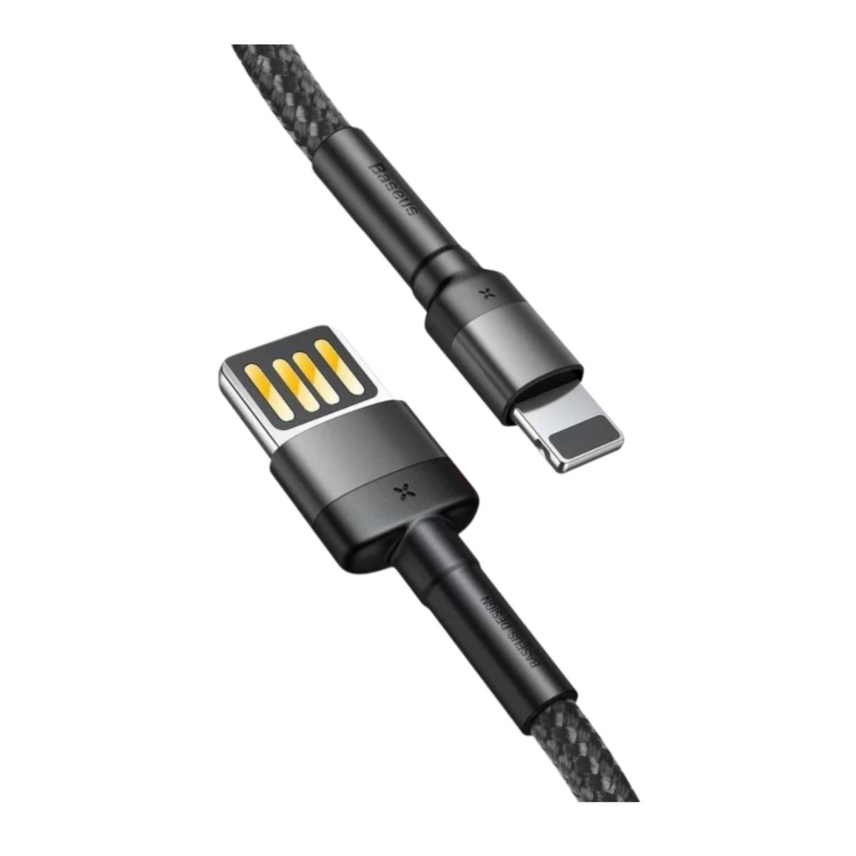 Schwarzes Kabel mit USB- und Lightning-Anschlüssen. Anschlüsse sind sichtbar. Baseus-Design.