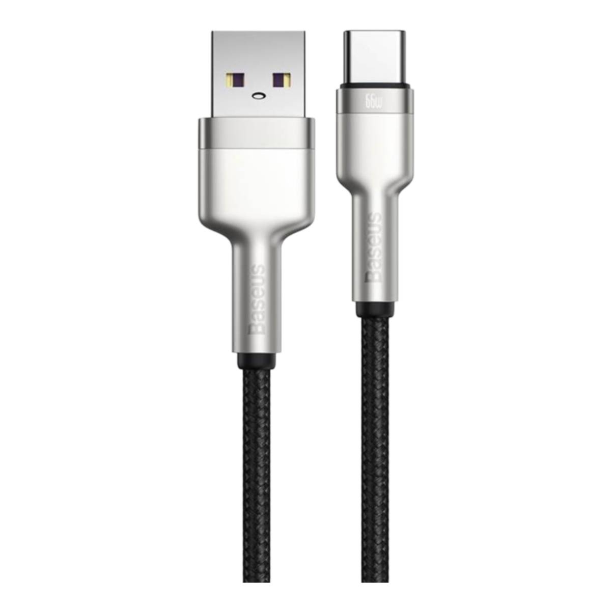 Deux câbles Baseus, USB-A vers USB-C. Connecteurs argentés, câble tressé noir. Fond blanc.