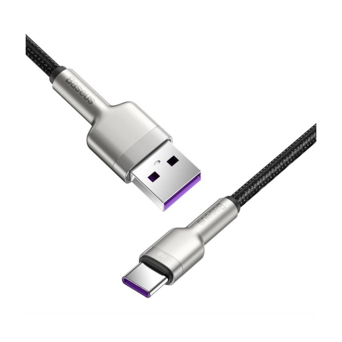 Câble Baseus USB vers USB-C. Connecteurs argentés et câble noir. Fond blanc.