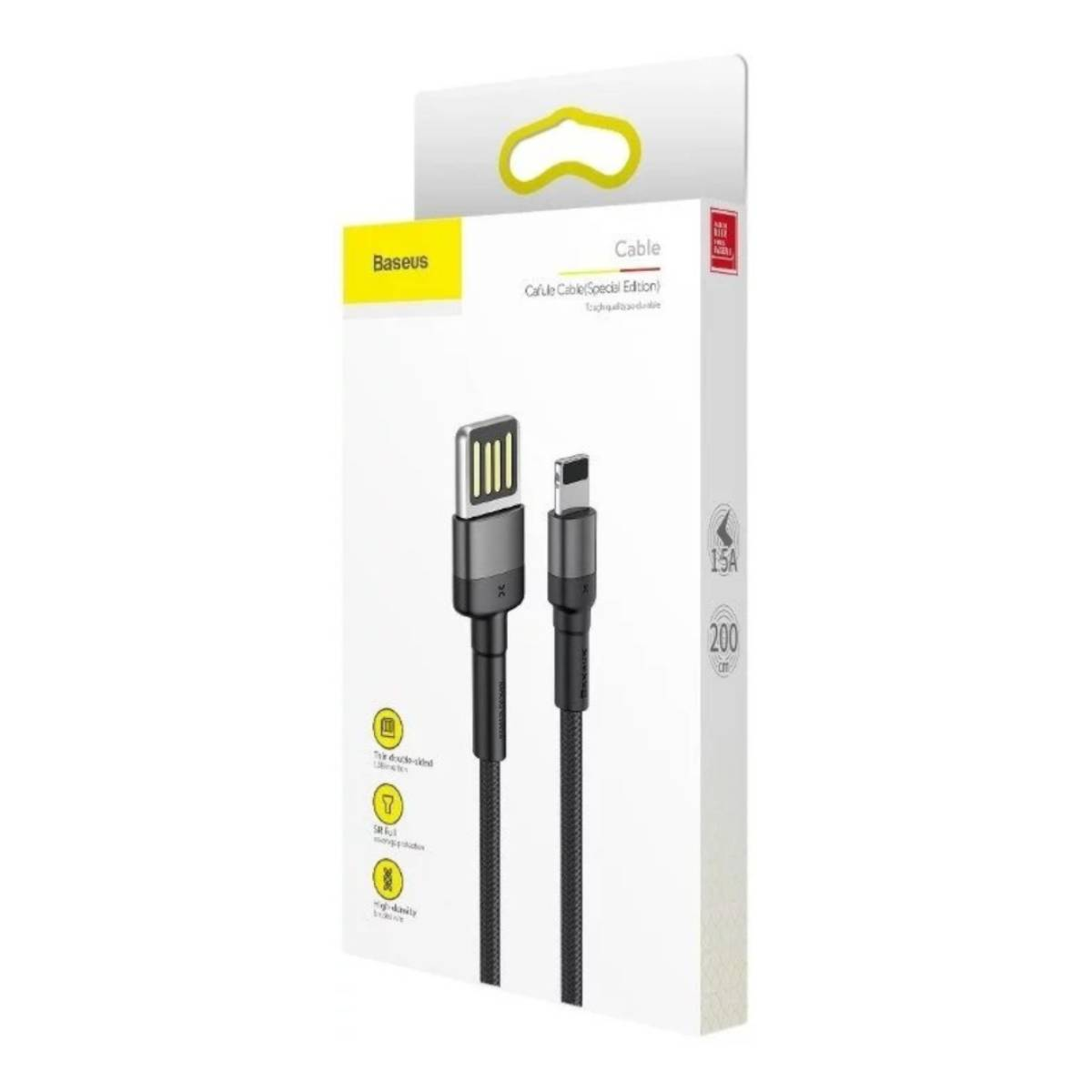 Eine weiße Baseus-Box mit zwei schwarzen Kabeln. Auf der Box steht 'Cable' und Symbole.