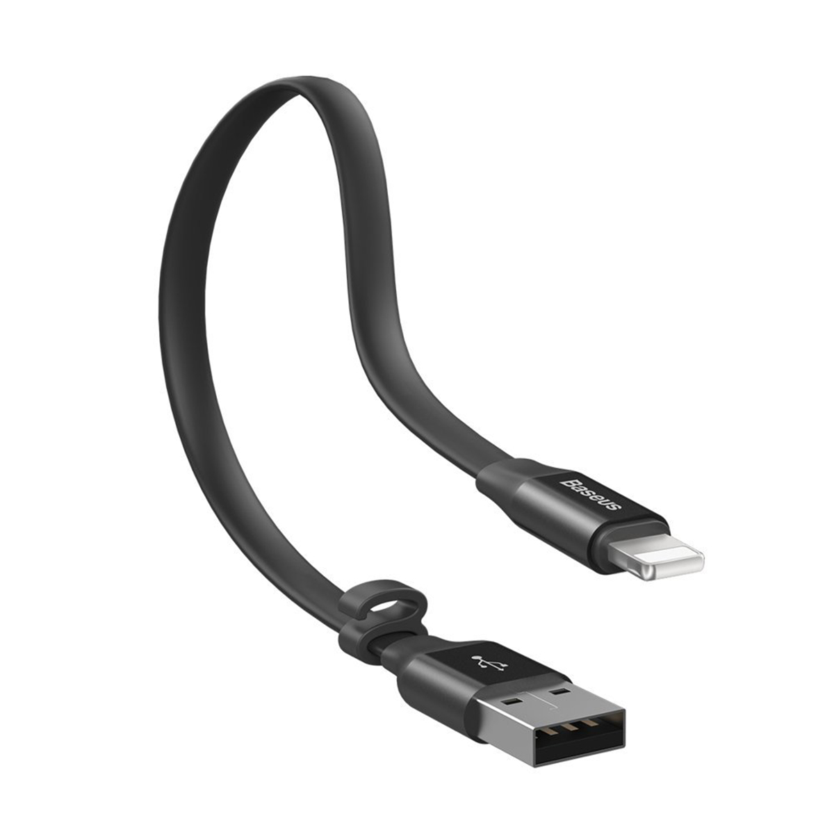 Czarny kabel ładujący USB z wtykami USB i Lightning na białym tle.