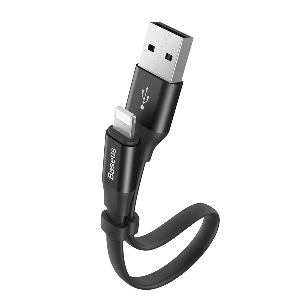 Czarny kabel USB do Lightning z pętlą. Marka Baseus. Białe tło.