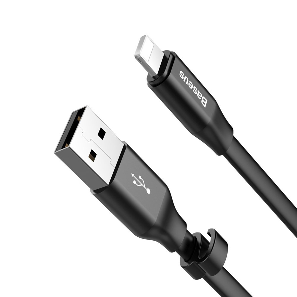 Czarny kabel USB do Lightning. Końcówka USB z logo, końcówka Lightning z 'Baseus'.