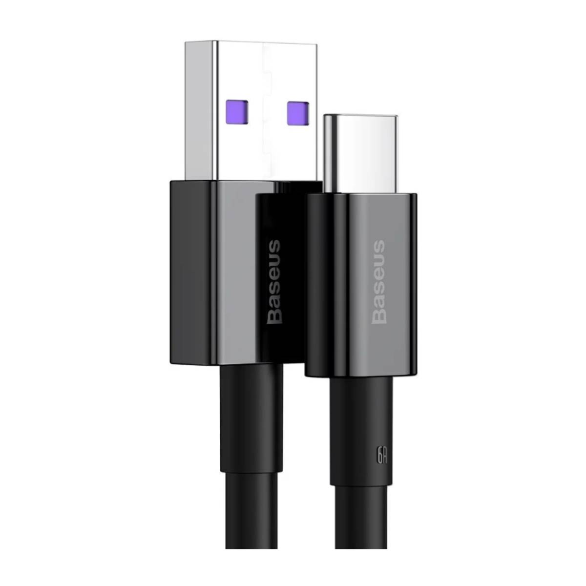 Kabel Baseus USB-A do USB-C. Czarne złącza i kabel. Białe tło.