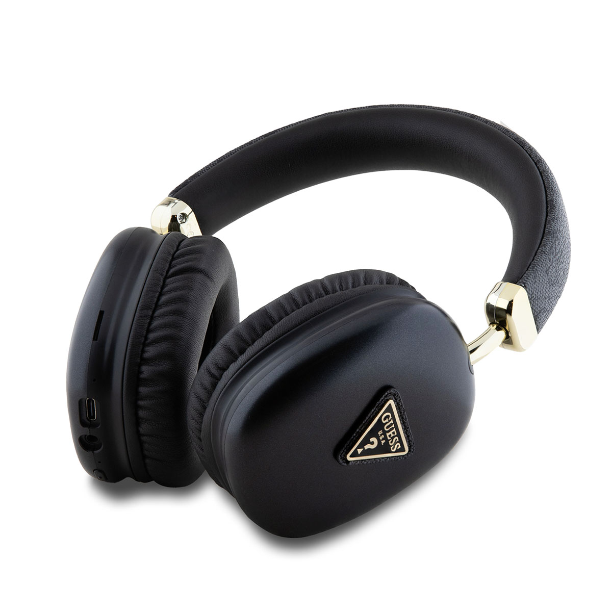 Casque noir avec des accents dorés. Oreillettes en cuir et logo.