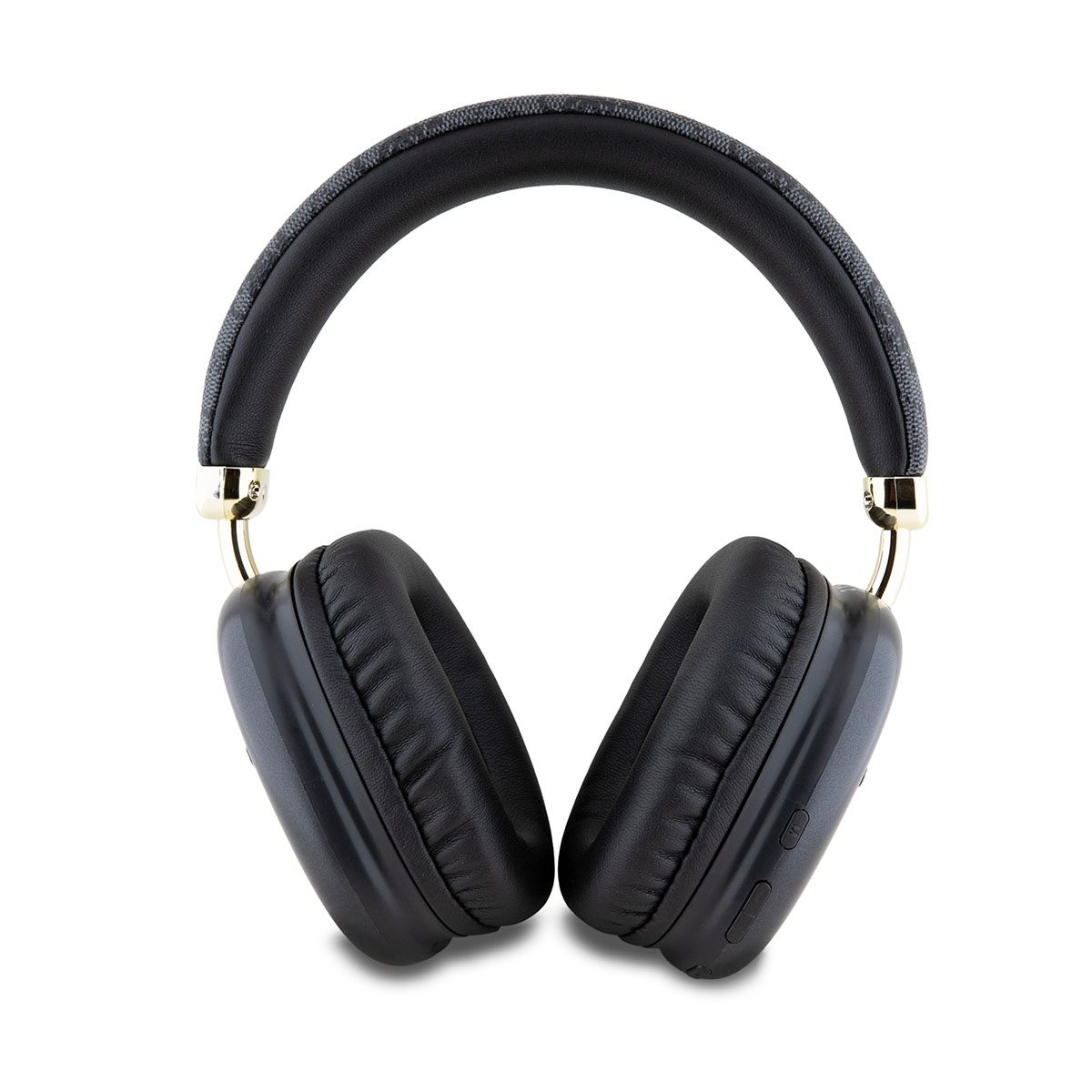 Casque noir avec oreillettes noires et bandeau gris sur le dessus, accents dorés, sur fond blanc.