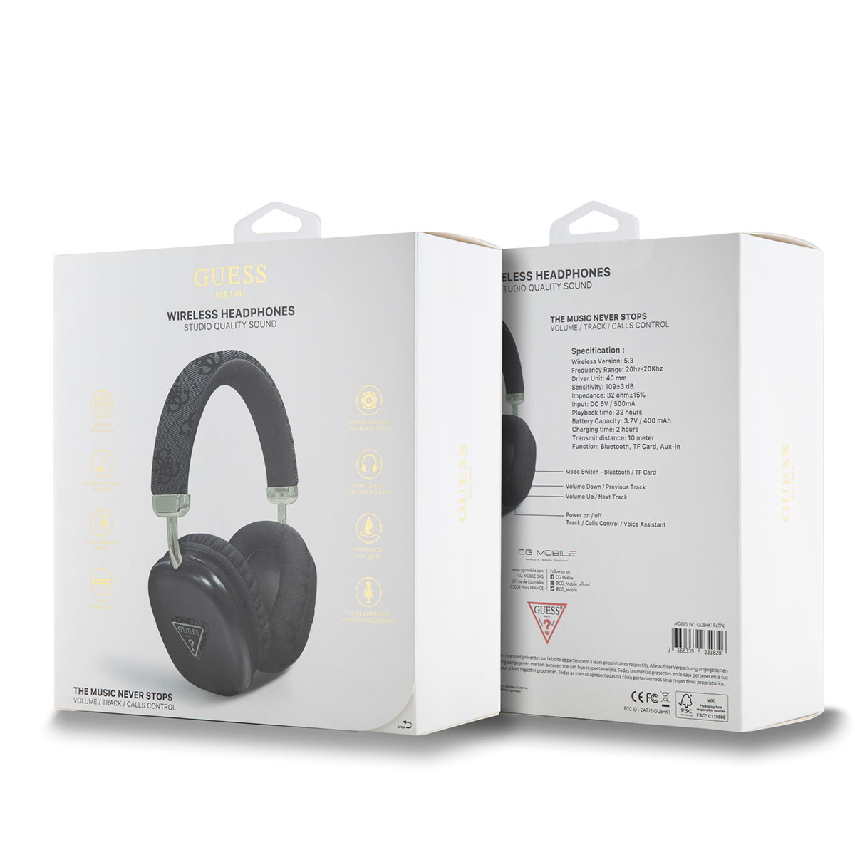 Deux boîtes de casques sans fil Guess, une ouverte, montrant le produit et les spécifications.