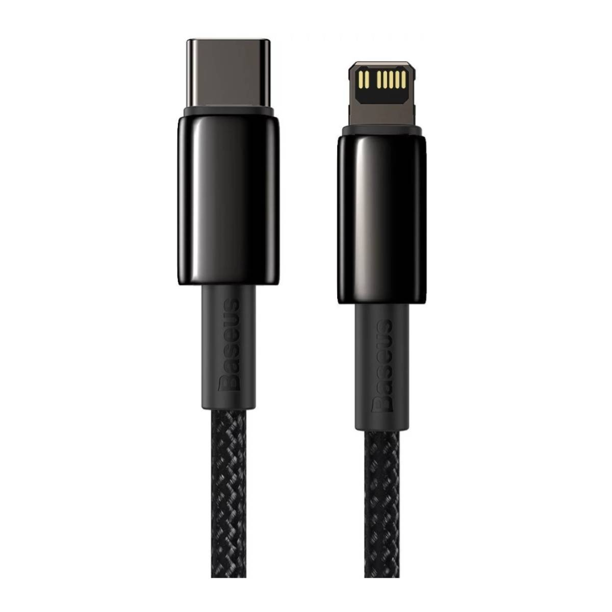 Dwa czarne kable ładujące Baseus ze złączami USB-C i Lightning. Pleciony kabel.