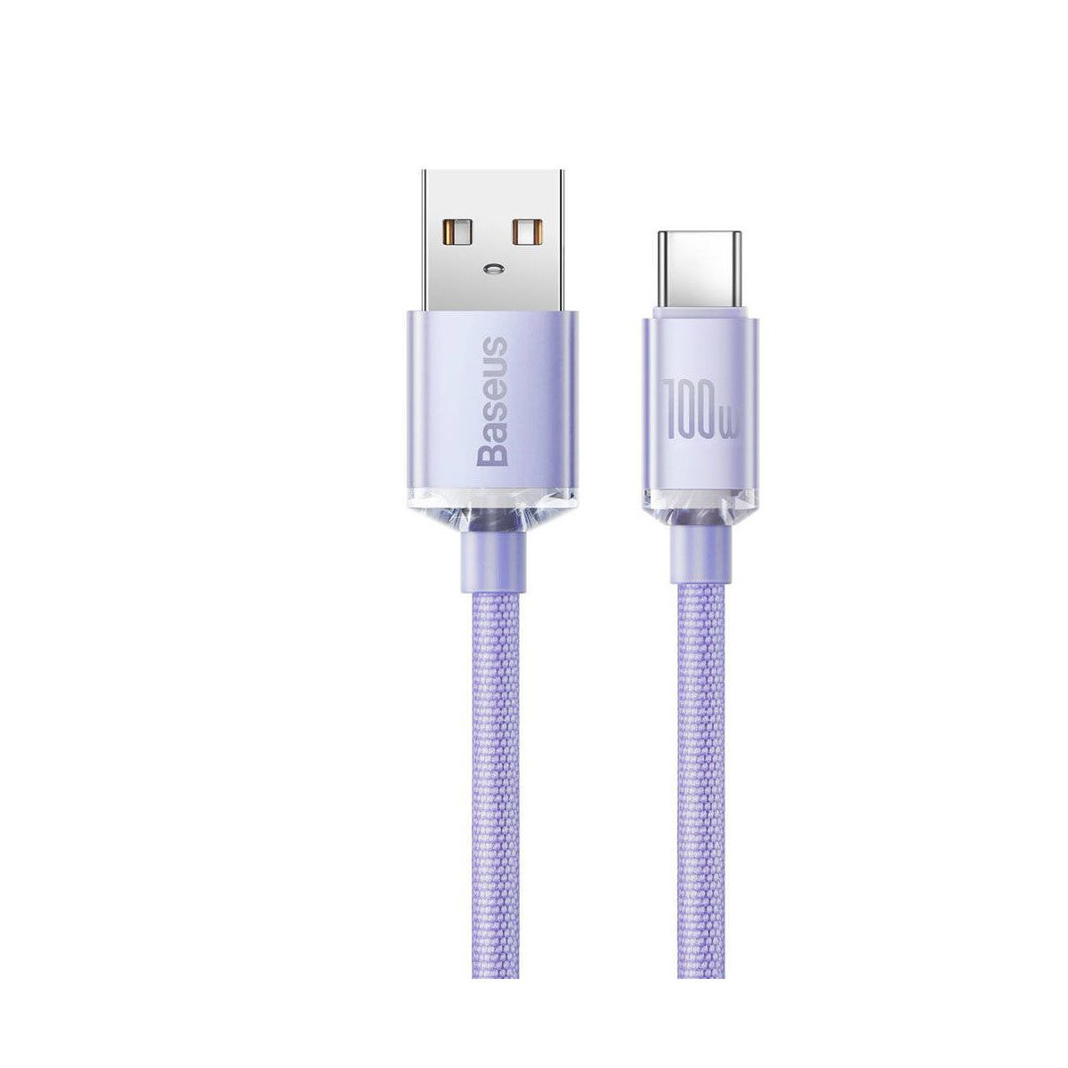 Purple Baseus cable with USB and USB-C connectors. 100W label on the USB-C connector.