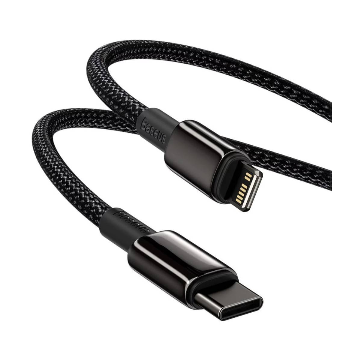 Czarno-szary kabel ładujący z logo Baseus i złączami USB-C i Lightning.