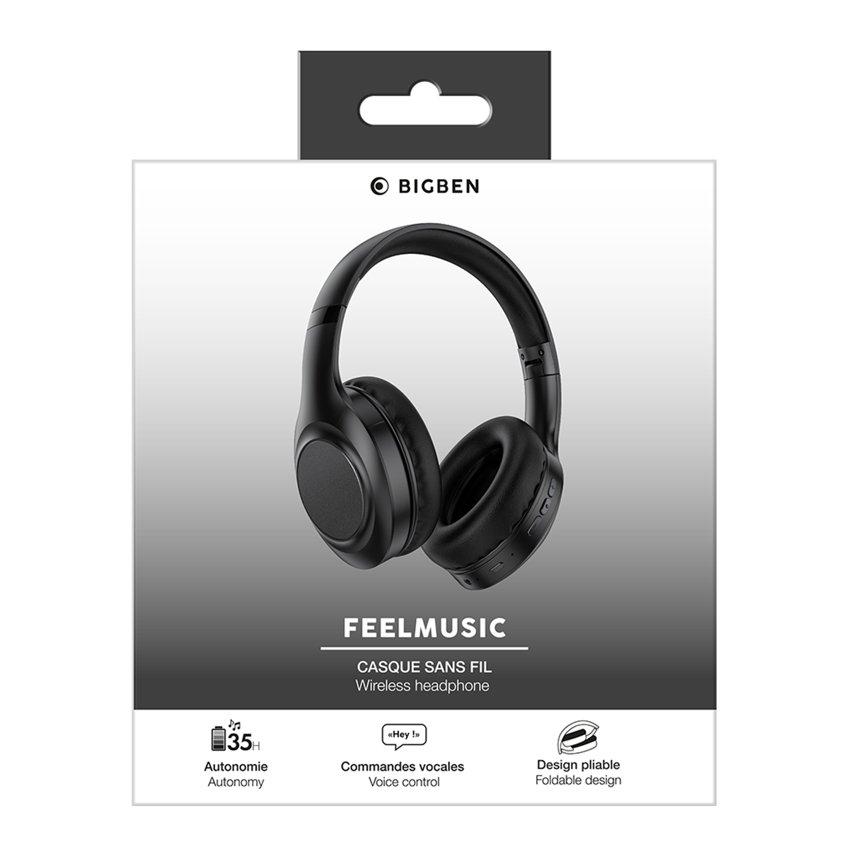 Schwarze Bigben Kopfhörer in Verpackung. Text lautet 'FEELMUSIC' und 'Wireless headphone'.