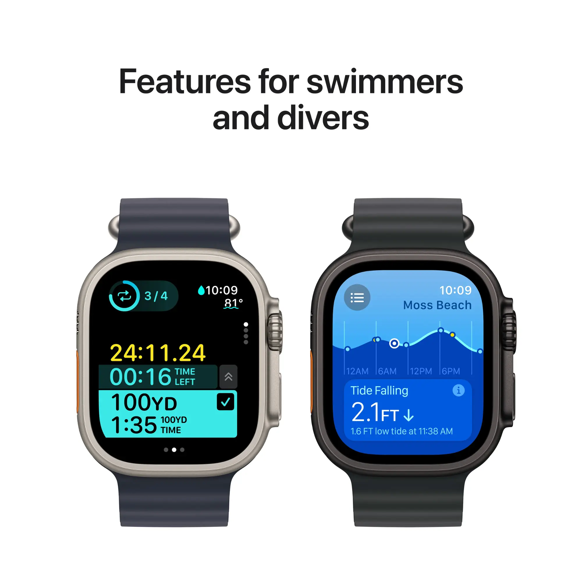 Due smartwatch che mostrano tempo, marea e funzioni di immersione, su sfondo bianco.