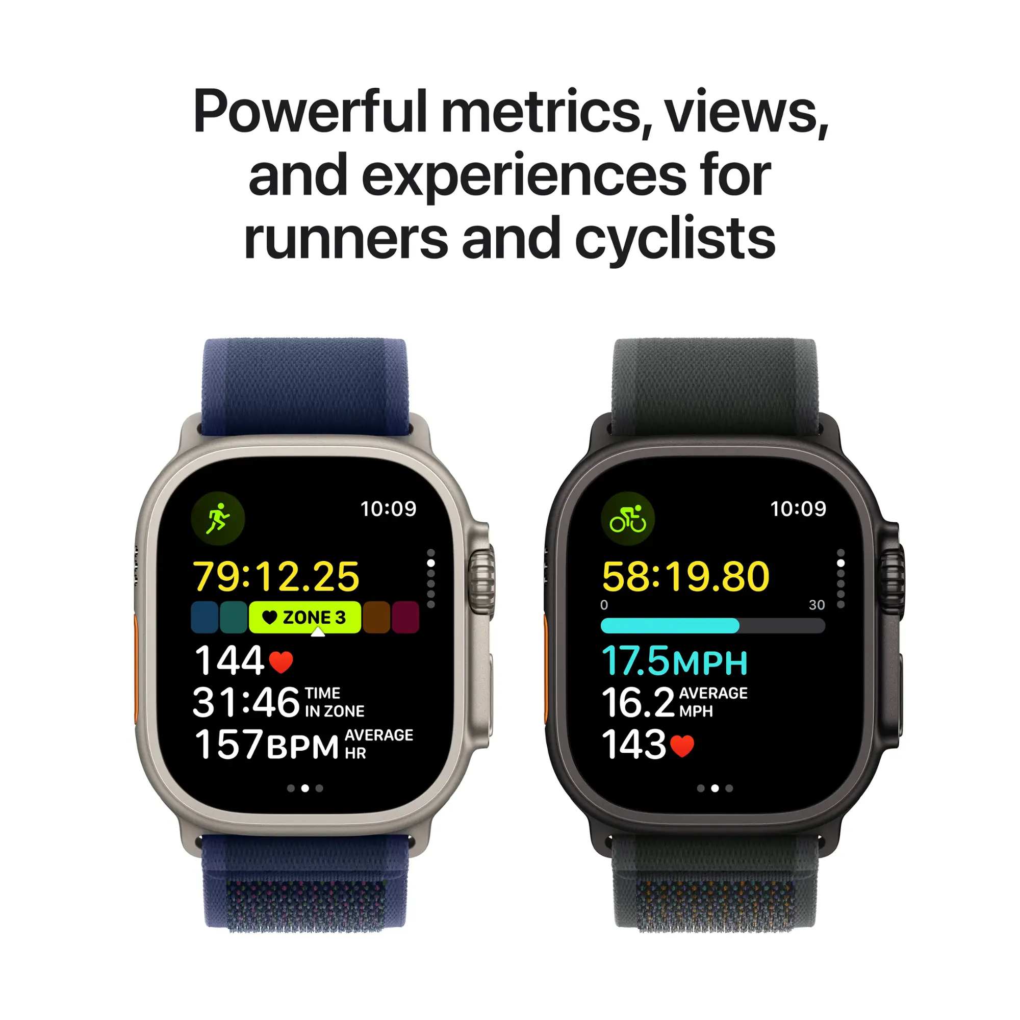 Due smartwatch, che mostrano metriche di fitness, un cinturino blu, un cinturino nero.