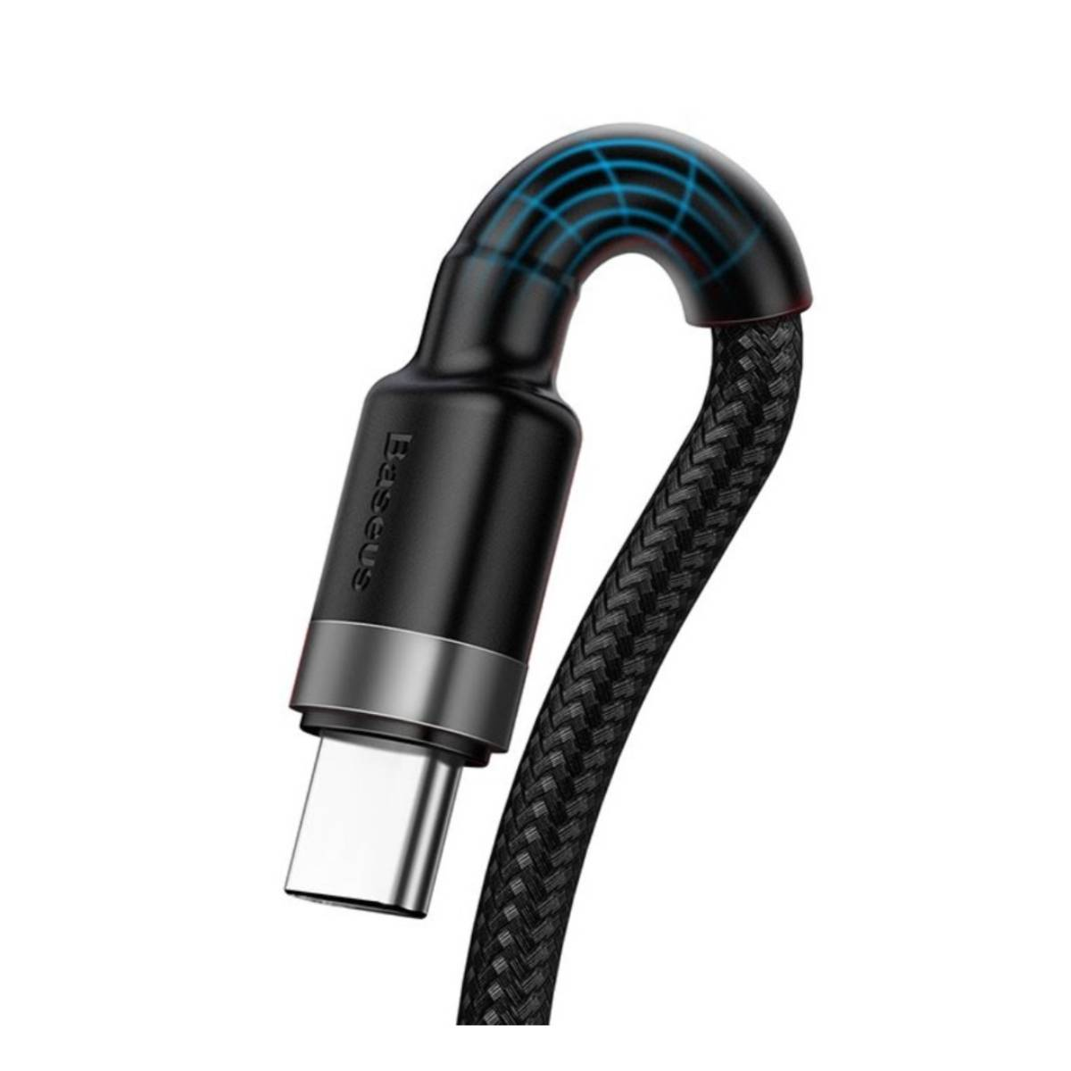Czarny kabel USB-C Baseus z plecionym kablem i niebieskim wzorem fali.