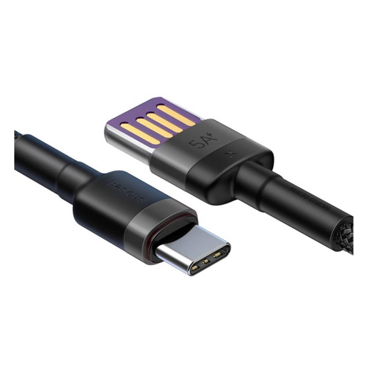 Czarny kabel ładujący ze złączami USB-C i USB. Kabel ma oznaczenie 5A.