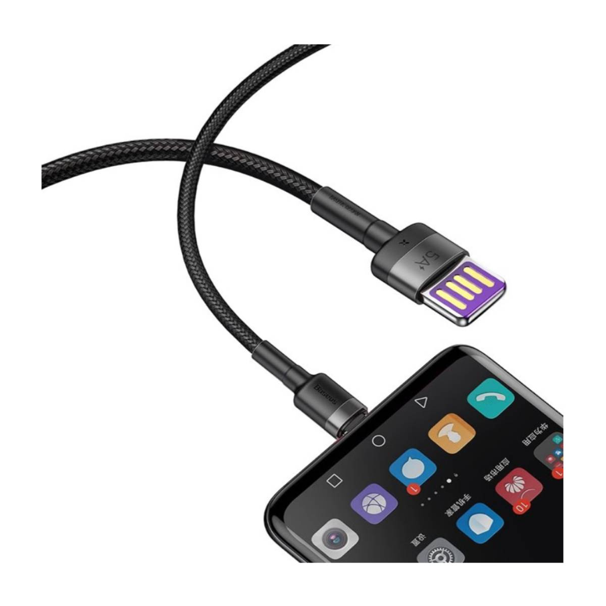 Czarny kabel z złączami USB i USB-C. Podłączony do czarnego smartfona.