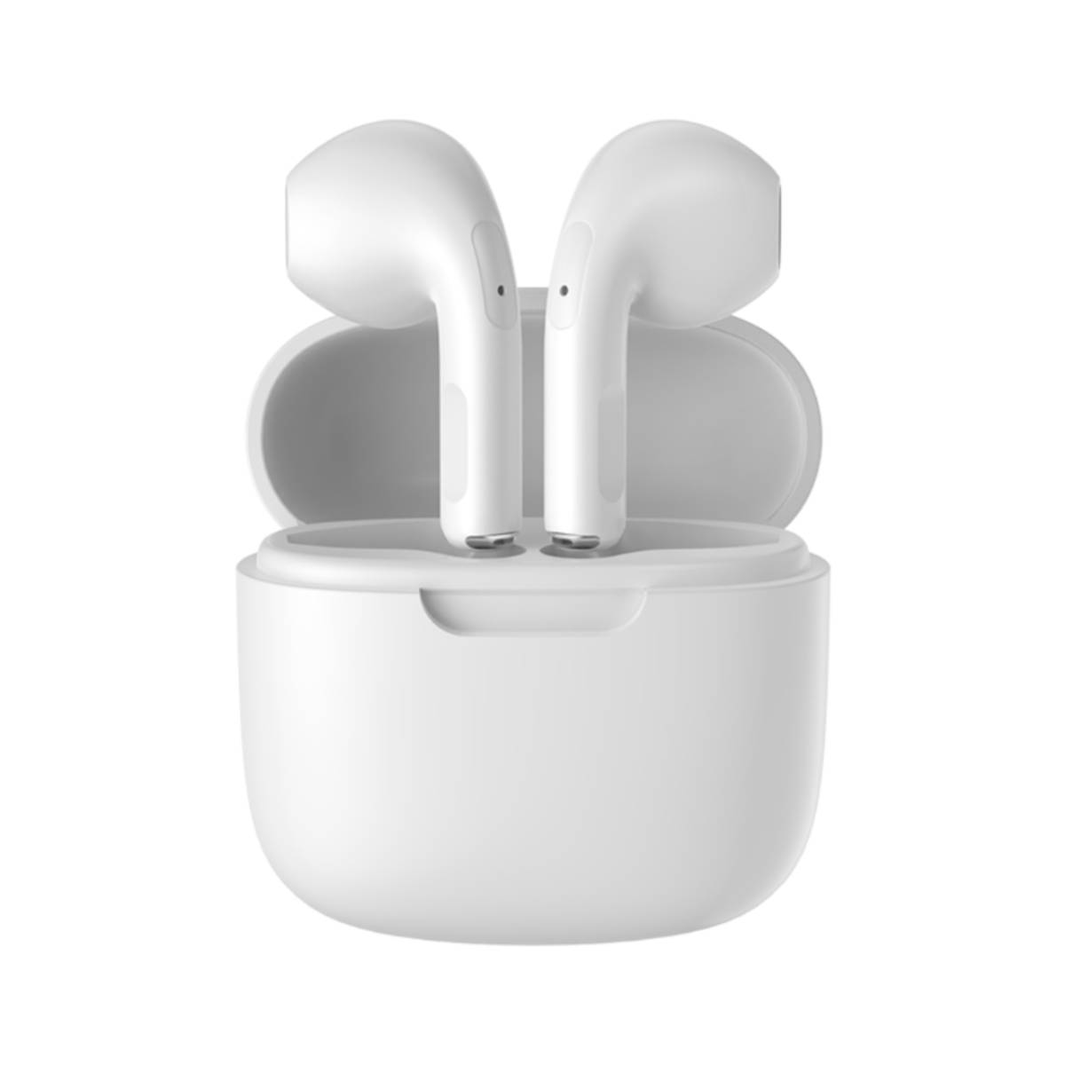 Białe słuchawki w otwartym białym etui ładującym. Białe tło.