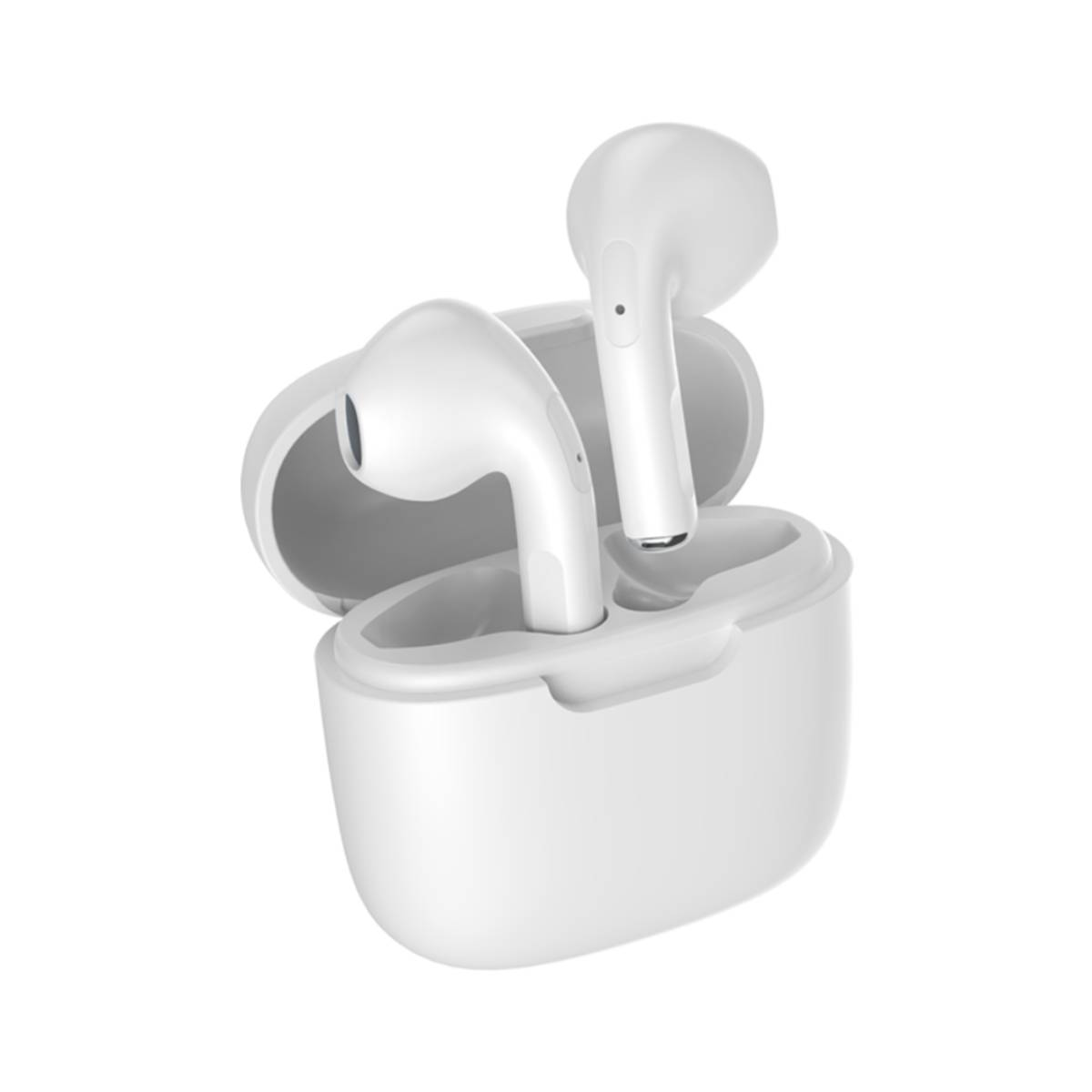 Białe słuchawki i otwarte etui ładujące. Białe tło.