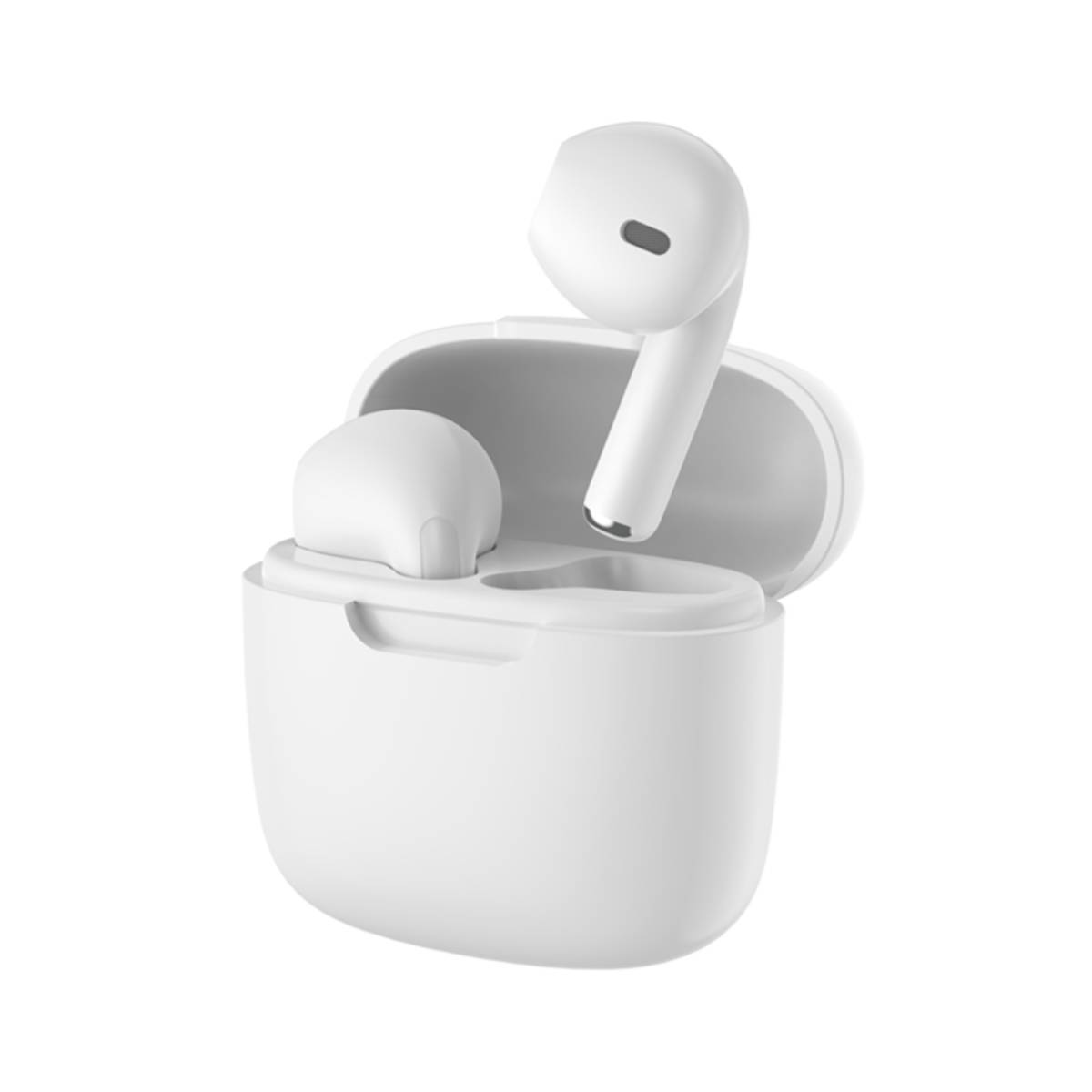 Białe słuchawki wewnątrz etui. Jedna słuchawka poza etui. Białe tło.