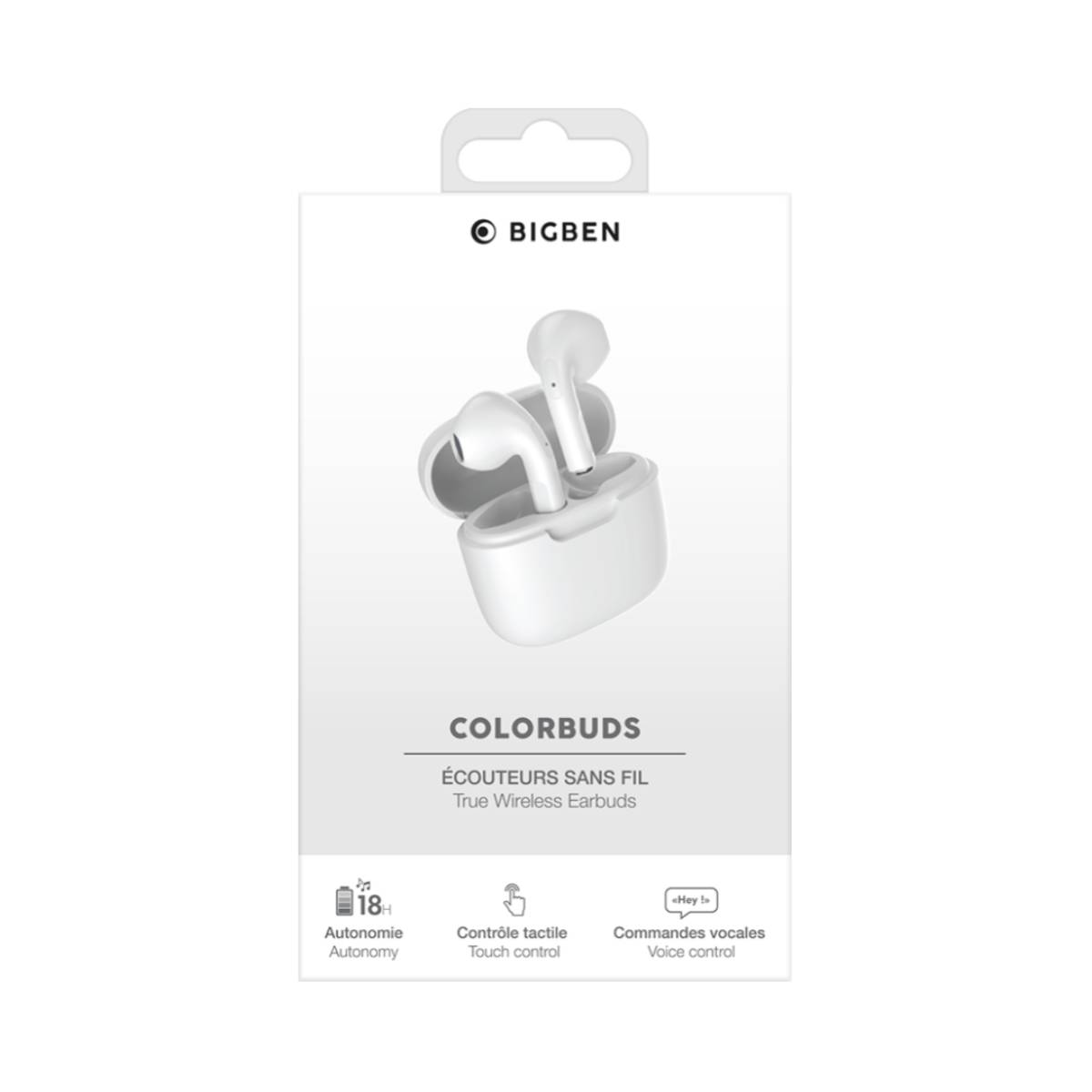 Białe słuchawki douszne w etui ładującym. Opakowanie pokazuje słuchawki i tekst 'COLORBUDS'.