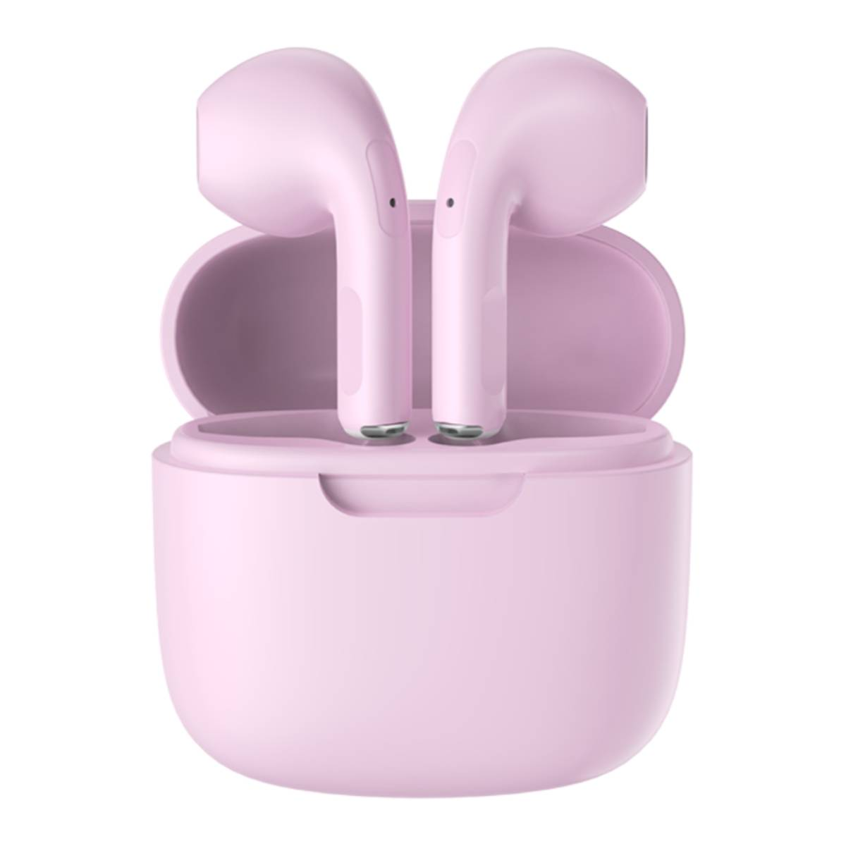 Coppia di auricolari wireless rosa in una custodia di ricarica. Entrambi su sfondo bianco.