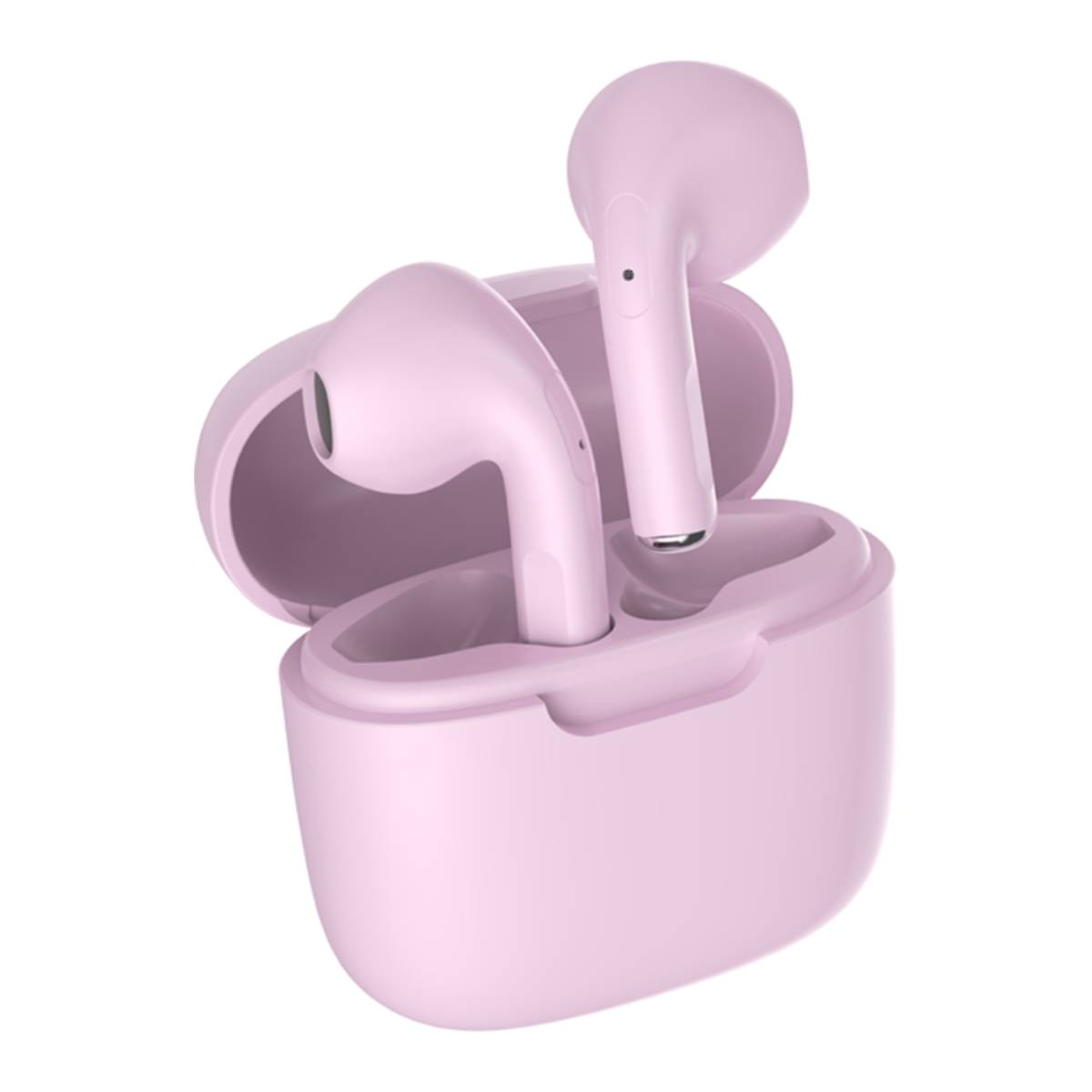 Auricolari wireless rosa con custodia di ricarica, su sfondo bianco.