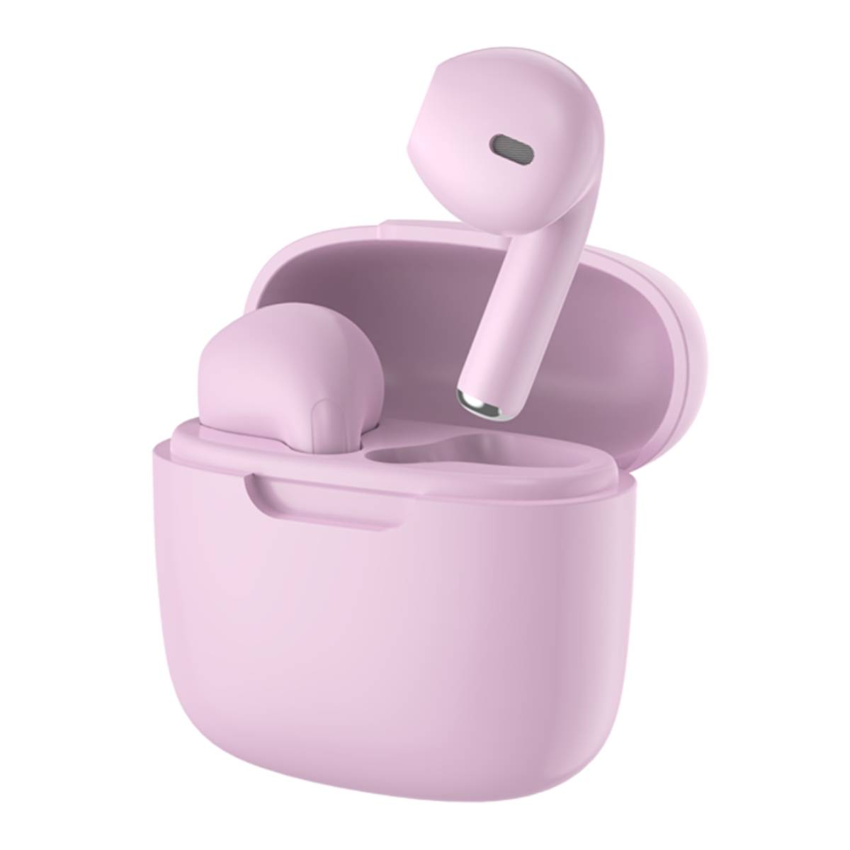 Auricolari rosa in una custodia. La custodia e gli auricolari sono rosa.
