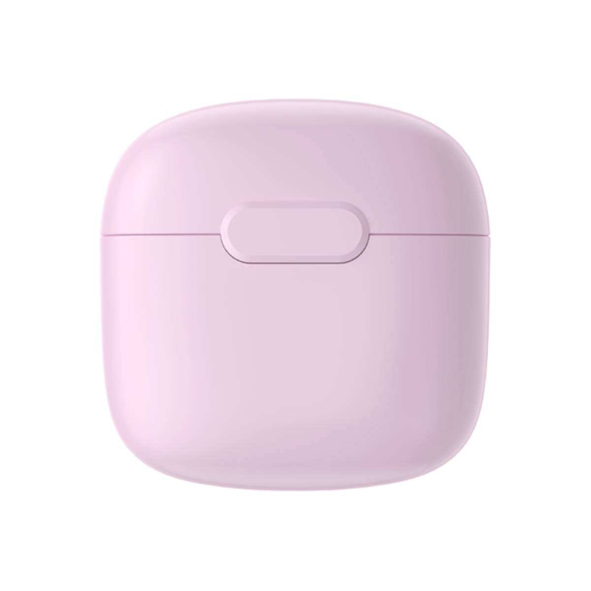 Un astuccio per auricolari rosa chiaro è chiuso. È liscio e di forma ovale, con una piccola rientranza.