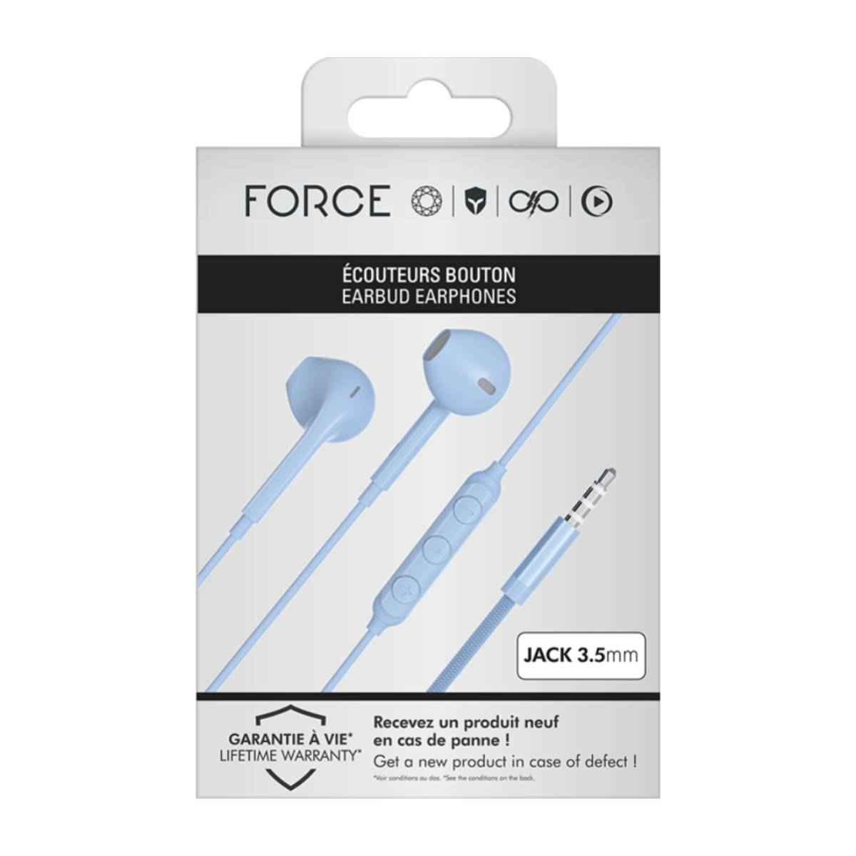 Auriculares en caja, azul claro, con conector jack 3.5mm.